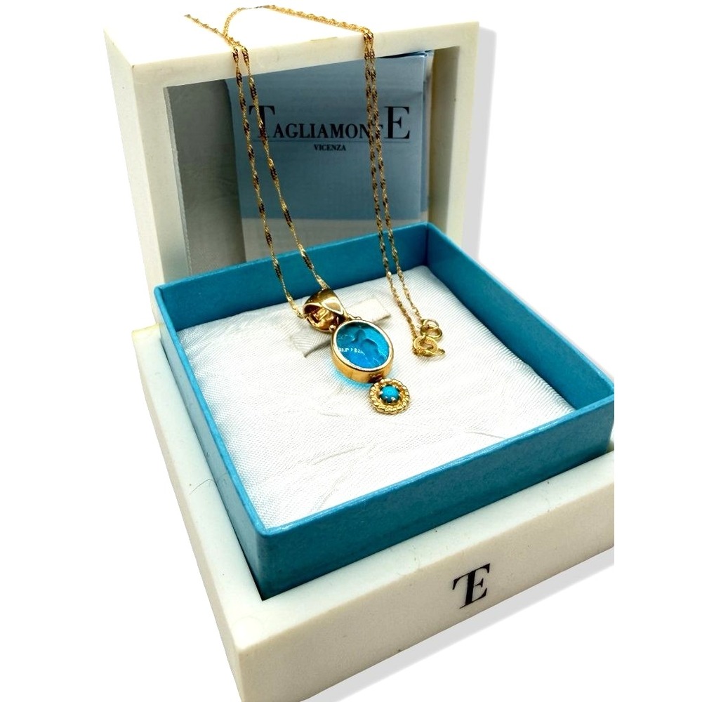Tagliamonte 14K Gold Venetian Glass Intaglio Pendant Necklace Turquoise Italy